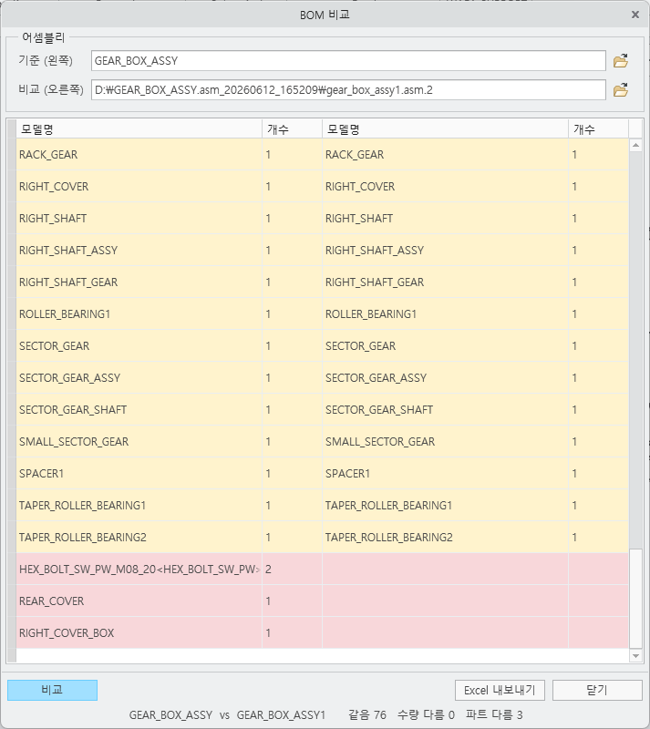 WAFA Utility BOM 비교 화면: 두 어셈블리의 같은 부품과 다른 부품을 색으로 구분